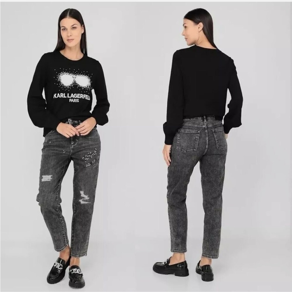 NEW Karl Lagerfeld The Cannes High Rise Straight Leg Ankle Rhinestone Jean 12